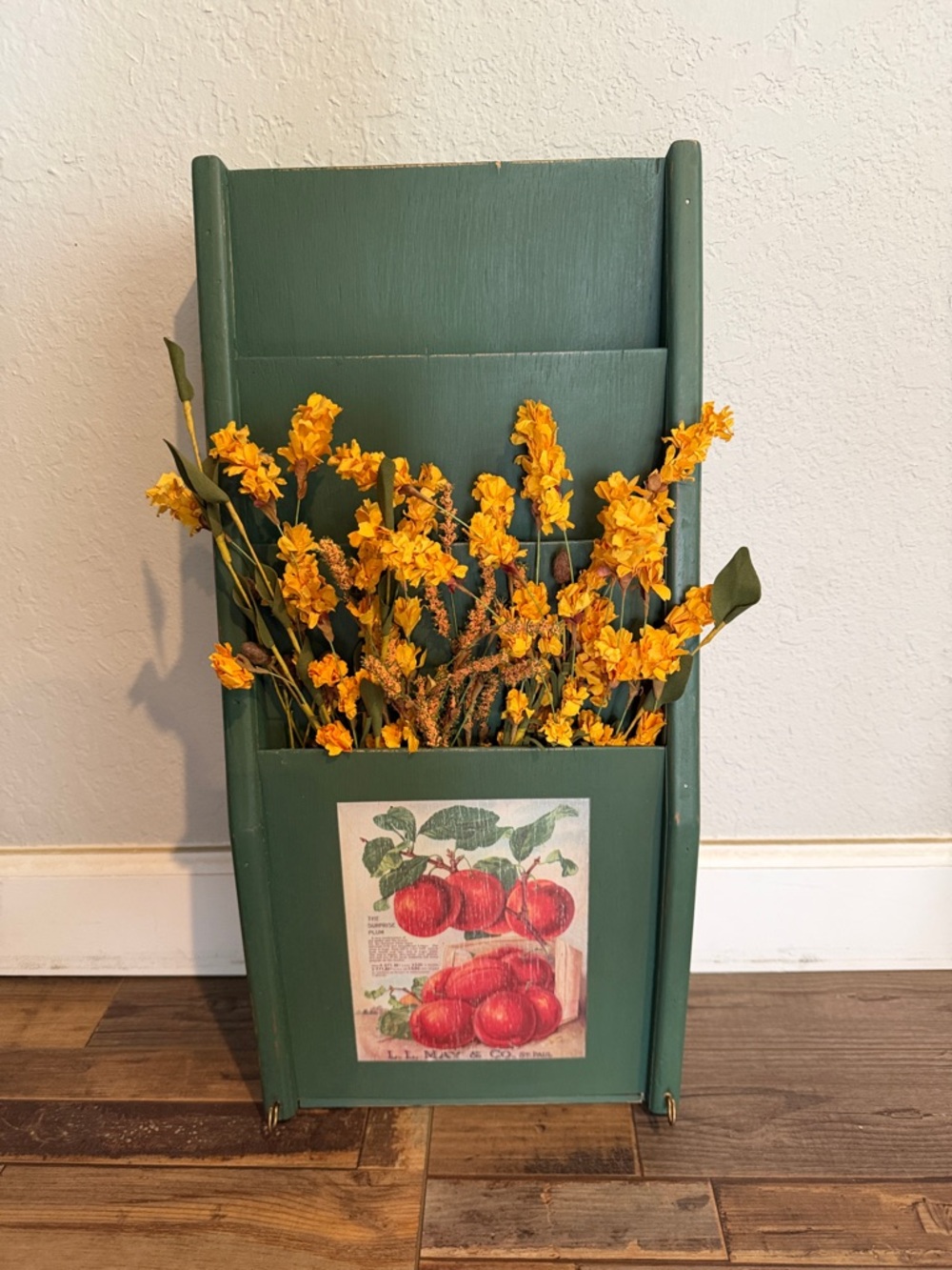 Green Wooden Mail Holder Wall Pocket with Vintage Inspired Peach Tranfer